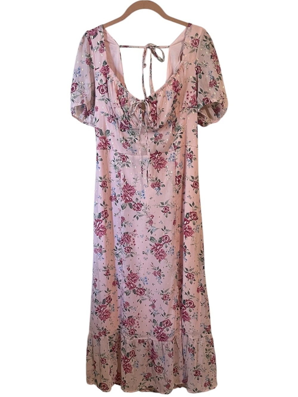 Pink Floral Puff Sleeve Tie Back Bohemian Midi Dress SZ LG NWTS!! - Picture 5 of 13